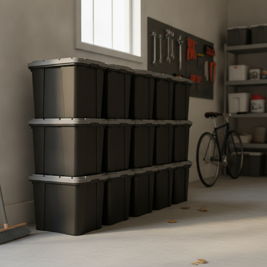 black Plastic Storage Totes in a garage